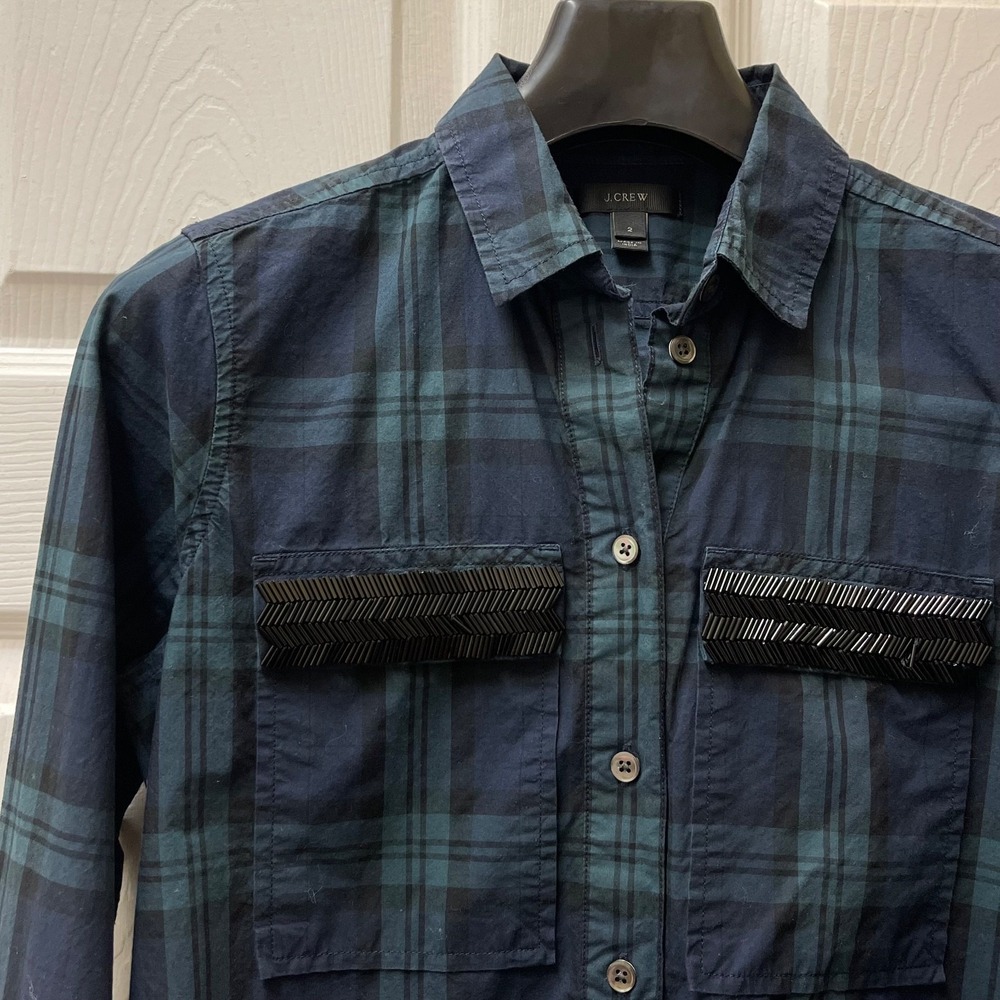 J. Crew Women's Beaded Pocket Popover Sz 2 Blackwatch Plaid $98 Preppy EUC